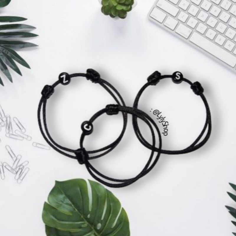(A-N) Gelang Huruf Inisial Bulat hitam, Alfabet Nama Handmade Couple Custom, Hampers,Kado viral