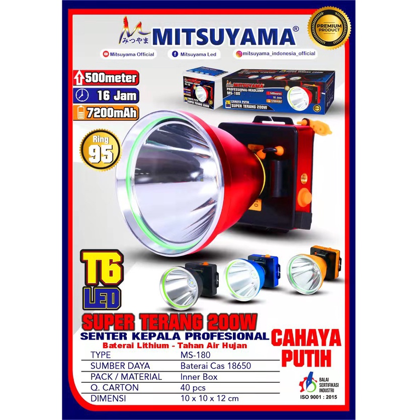 Mitsuyama Senter Kepala LED Super Terang Lithium MS 180 LAMPU PUTIH 200 Watt Super LED Rechargeable FREE Cable Bundle 16 JAM