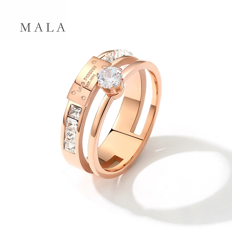 Cincin Berlian Ganda Bahan Titanium Steel Warna Rose Gold Gaya Retro Korea Untuk Wanita