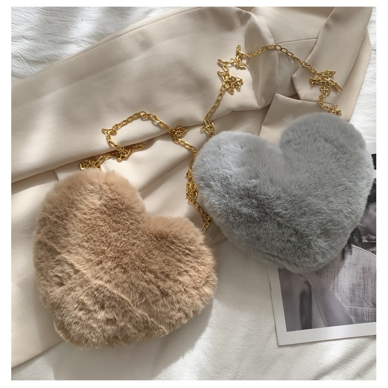 [littlecrab] Tas Selempang Love Bulu Halus Tali Rantai Tas Unik Soft Fur Love Sling Bag Berkualitas Tas Lembut Kecil Korean Style