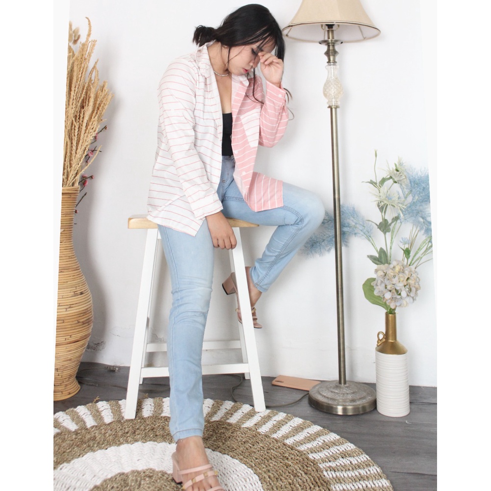 kemeja wanita long  hem motif viscouse terbaru-stripe pink