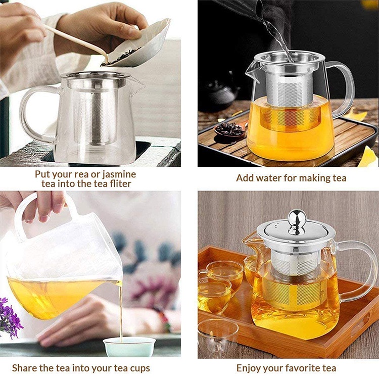 Teko Teh Dengan Saringan Teko Kaca Tahan Panas Teko Saringan Teh Teapot Pitcher Chinese Tea Saringan Stainles 450ml-1300ml