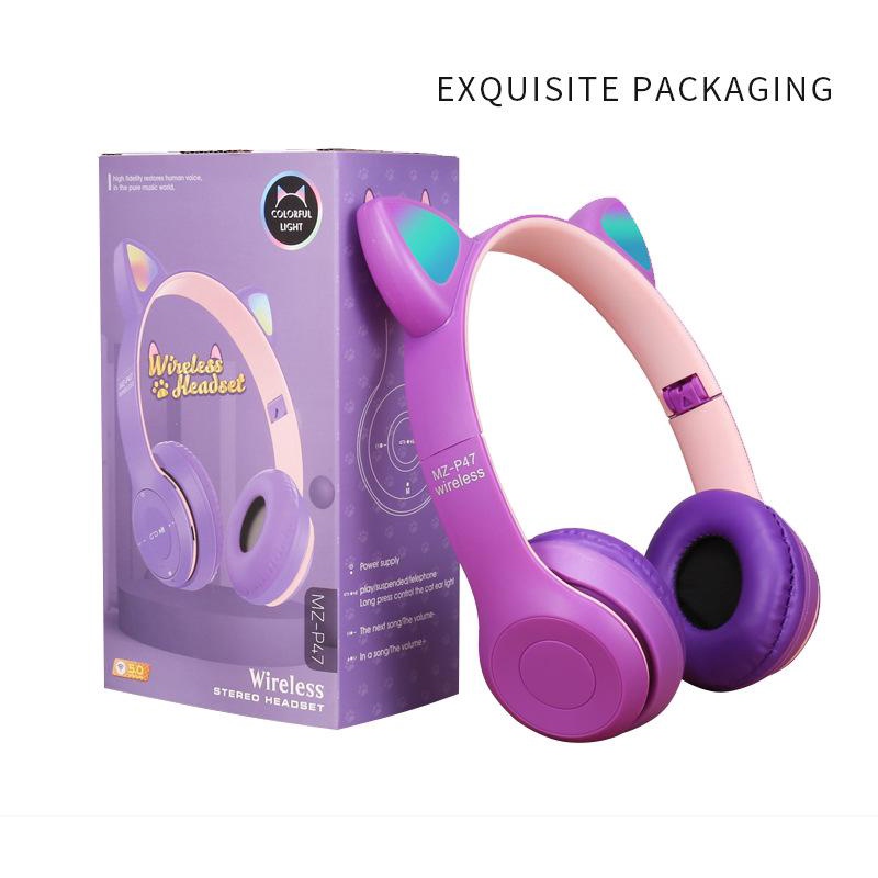 Headset Bluetooth wireless gaming MZ-P47 Cat Ear Headphone Telinga Kucing earphone LED