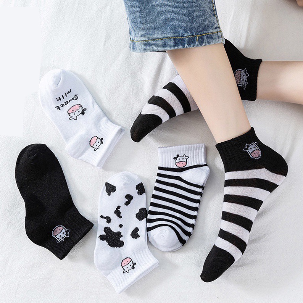 ❤GTB❤  Kaos Kaki Panjang Betis Mid Socks Ala Korea Diatas Mata Kaki Import Murah Motif Sapi Totol Hitam Putih R596