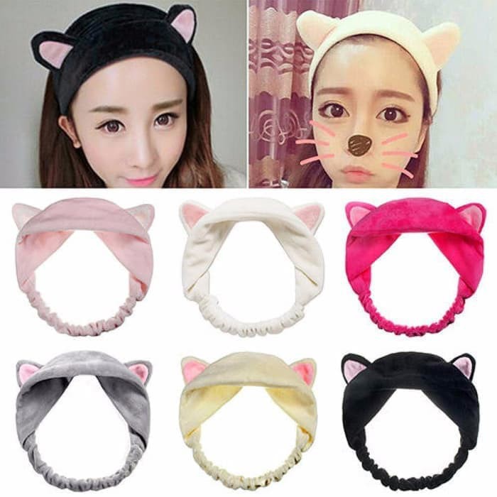 Bandana Kucing - Bando Cuci Muka Handuk Facial Kerut Bulu Halus Anak Doll Lucu Murah Korea Bandana Cuci Muka Meow Headband Bandana Telinga Lucu Aksesoris Rambut Bandana Cuci Muka Kucing