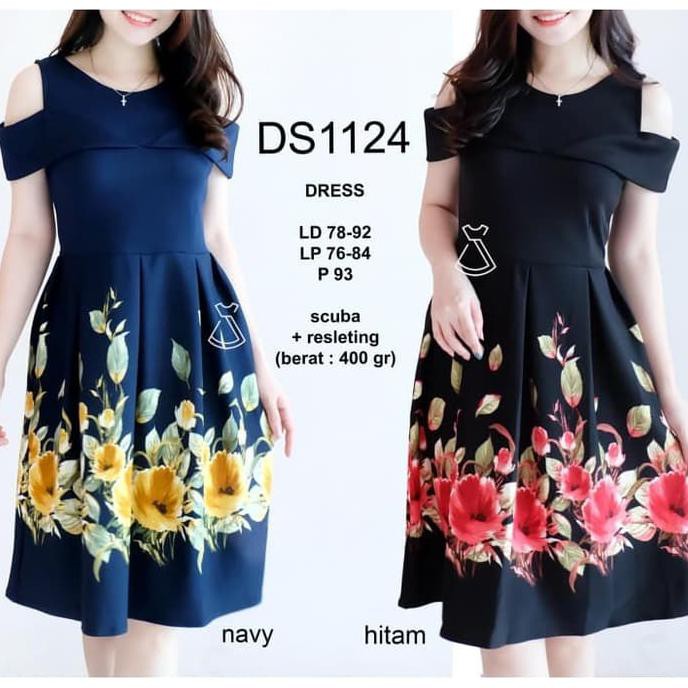 Termurah Seds1124 - Dress Pesta Sabrina Scuba Motif Bunga Midi Flare Modern