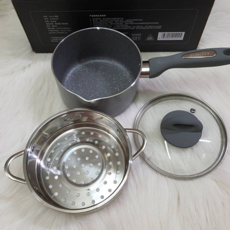 panci set kukusan steamer goreng deep fry 16cm marble teflon anti lengket