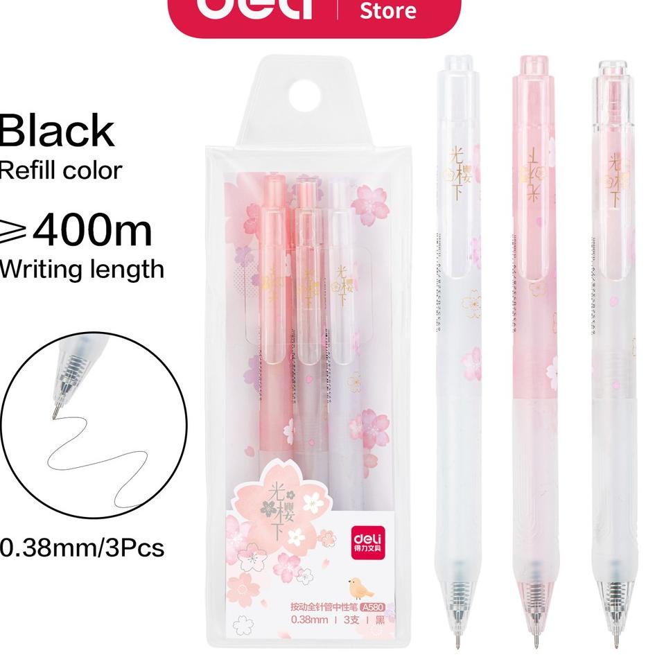 

6.6 Brand Deli Gel Pen / Pulpen Gel 0.5mm Tinta Hitam Isi 3pcs/pack Anti Macet Desain Sakura A579 A580