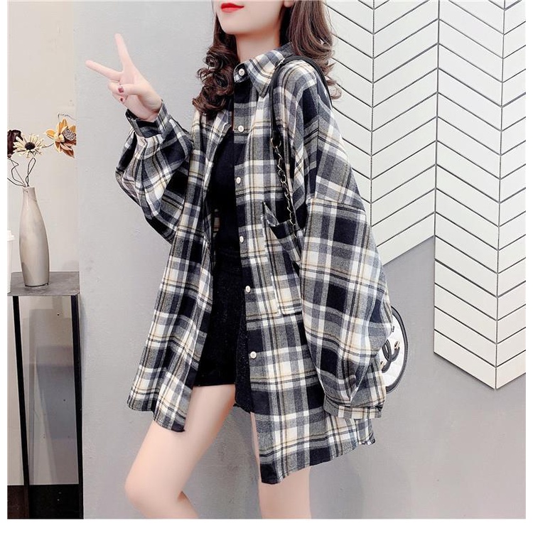 Import Korean Style Kotak Kotak Blouse Wanita/vintage Model Longgar Kemeja Wanita