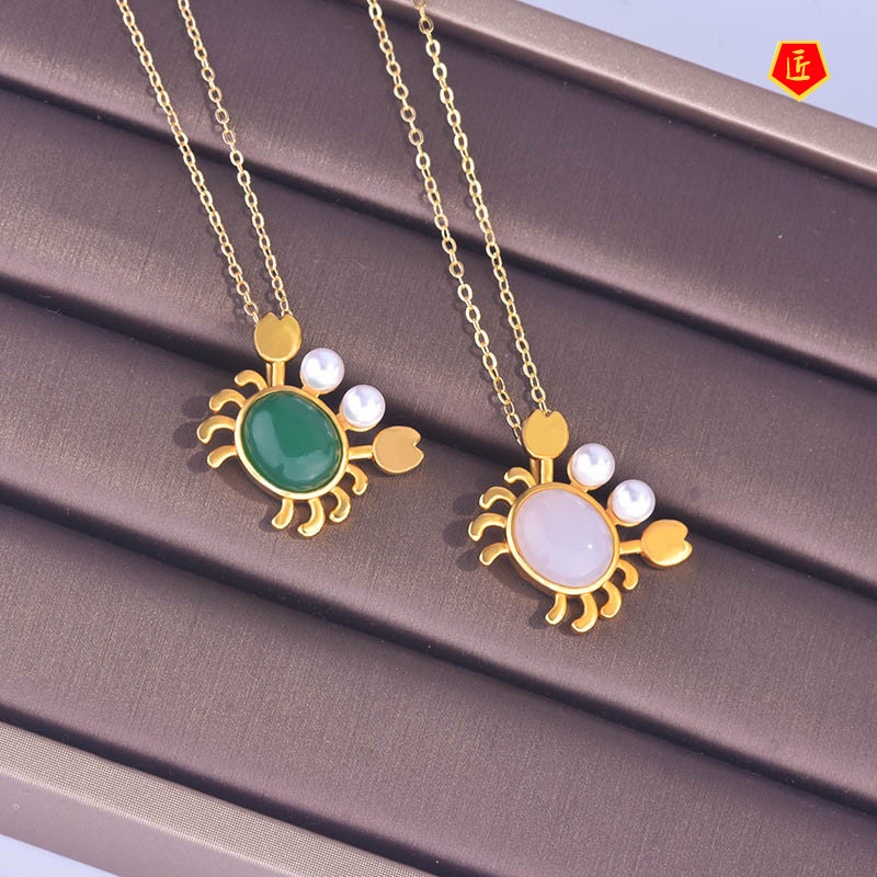 [Ready Stock]Little Crab White Jade Necklace Green Chalcedony Pearl Gold Necklace