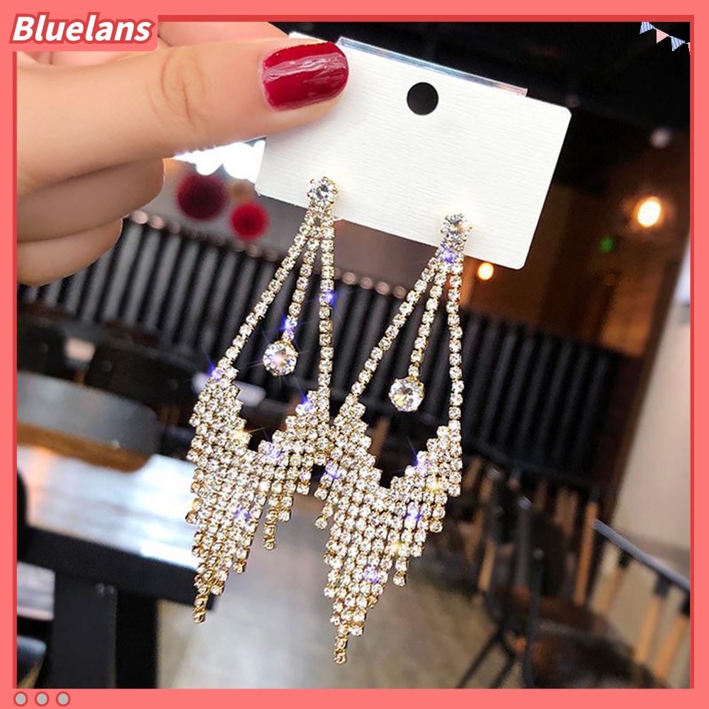 Anting Tusuk Gantung Panjang Wanita Desain Geometri Hias Berlian Imitasi + Rumbai Untuk Hadiah
