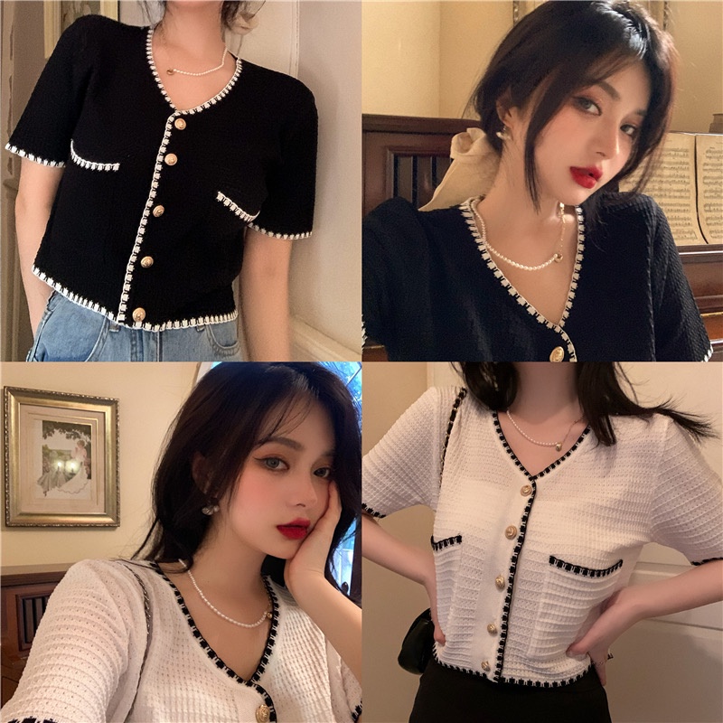 [2 Warna] Versi Korea Fashion Retro V-neck Hitam Rajutan Cardigan Crop Atasan Lengan Pendek untuk Wanita