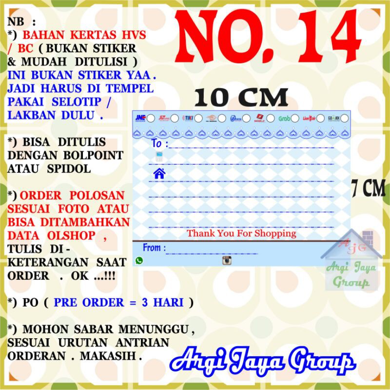 

Label Pengiriman Alamat Olshop Murah Nomer 14 - 10x7cm - Kertas BC (Manila)