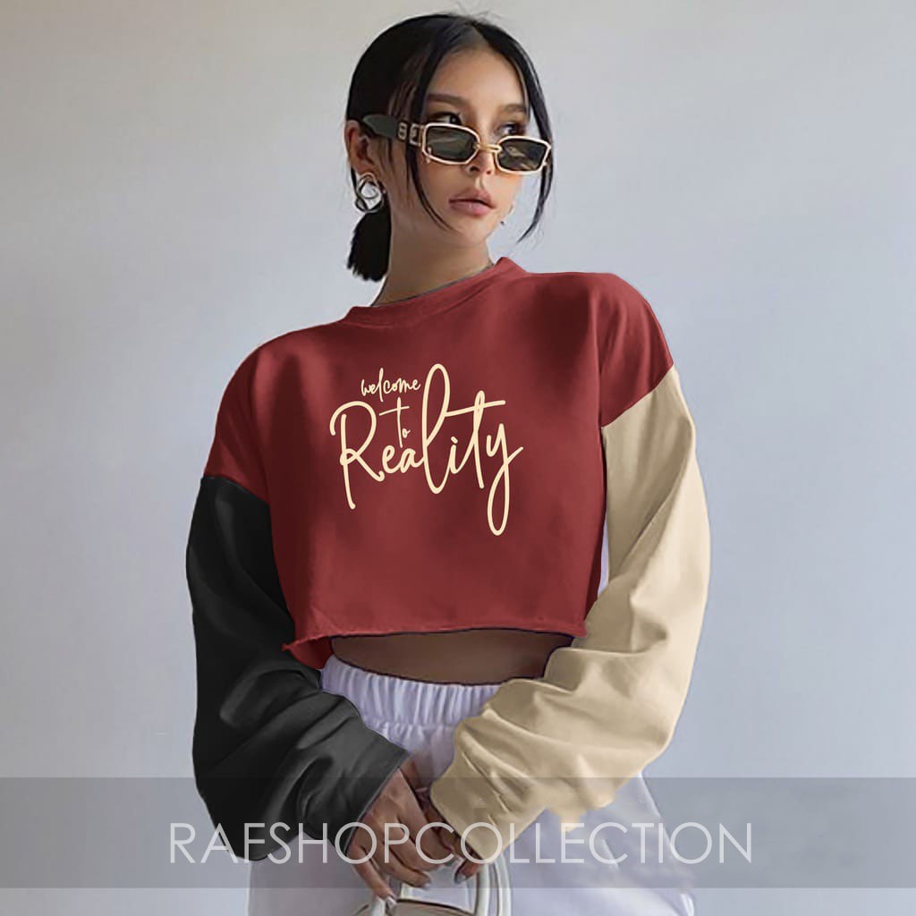 Crop Sweater Colourfull Welcome to reality, atasan korea-sweatercrop