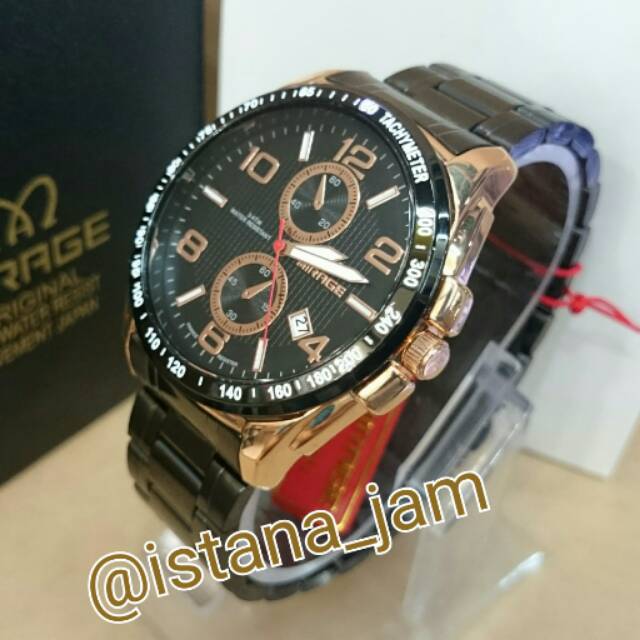 Jam Tangan Pria Mirage 7614 Crono Black Rosegold Original