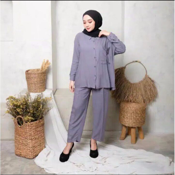 SET RAYON POLOS KEKINIAN/ONE SET WANITA TERBARU LENGAN PANJANG/SETELAN BAJU DAN CELANA DAILY FIA.COLLECTION-ABU