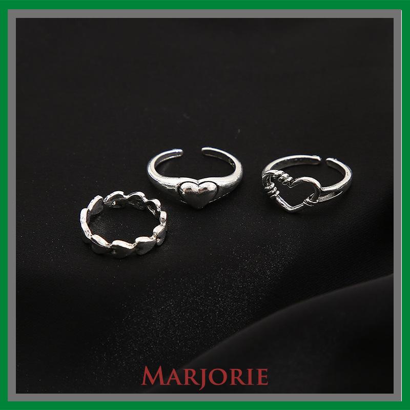 3pcs Cincin Model Terbuka Desain Gelombang Hati Warna Silver Gaya Vintage Untuk Wanita-MJD