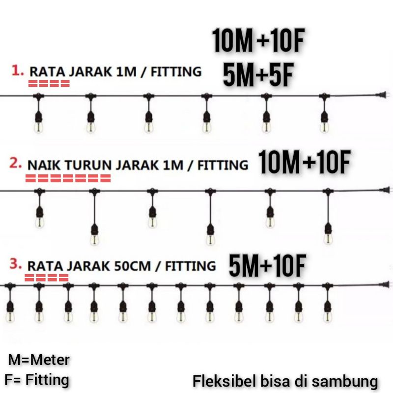 kabel fitting lampu cafe gantung outdoor e27 filamen dekorasi hias 5 meter / 10 meter +  5Fiting  / 10Fitting Anti Air  waterproof