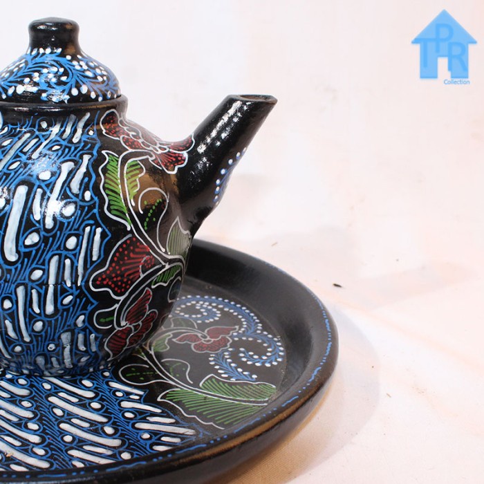 Gerabah Tea Set Premium - Poci Batik Tulis - Motif Spiral Bunga B