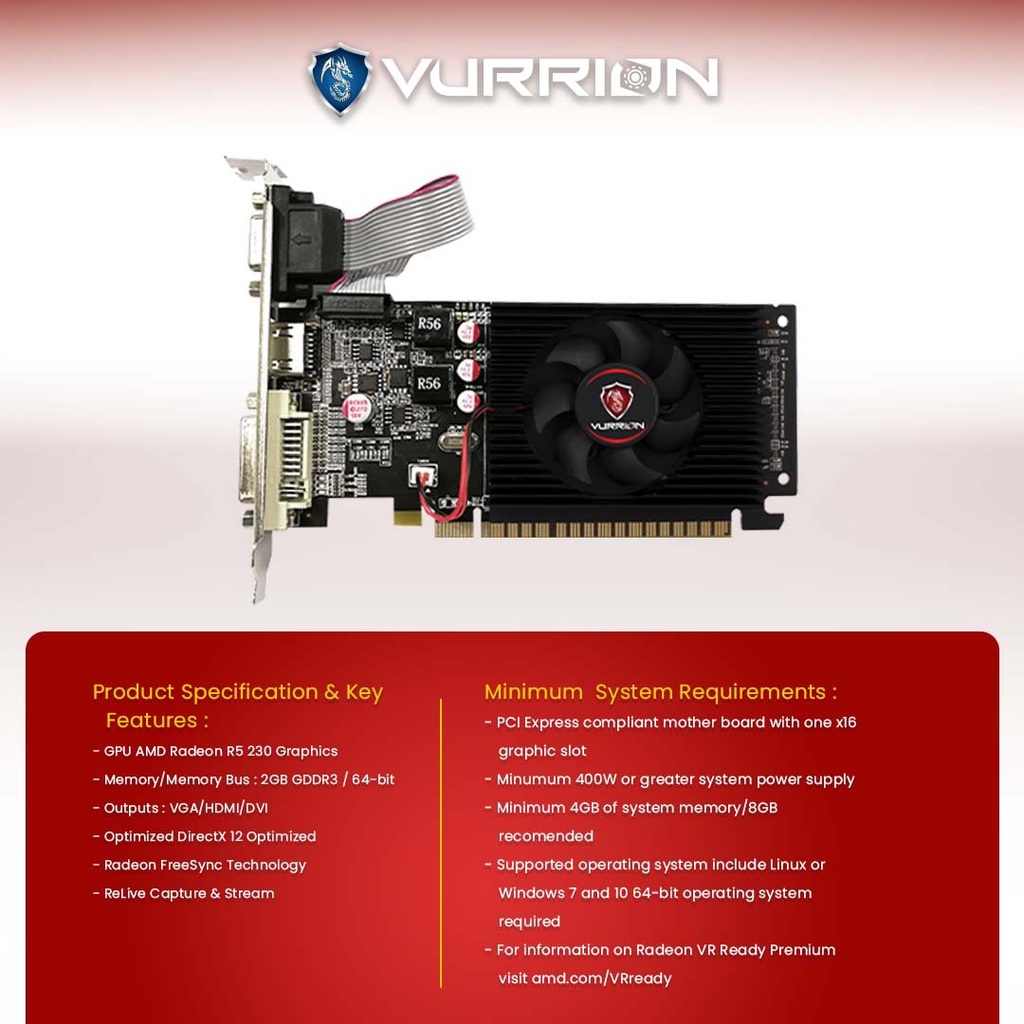 VGA AGS VURRION AMD R5 230 LP 2GB DDR3 64bit REAL CAPACITY