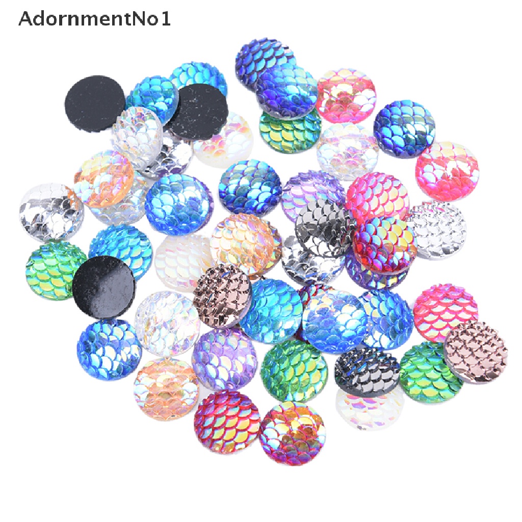 (AdornmentNo1) 50pcs Manik-Manik Cabochon Flat Back Motif Sisik Ikan / Mermaid Ukuran 12mm Untuk Gelang DIY