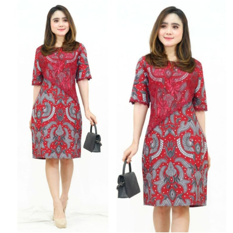 Dress Batik Wanita Modern Jumbo Big Size 4L-5L Kombinasi Brokat Terusan Dress Tunik Batik Kantor Wanita DVN-Mrh