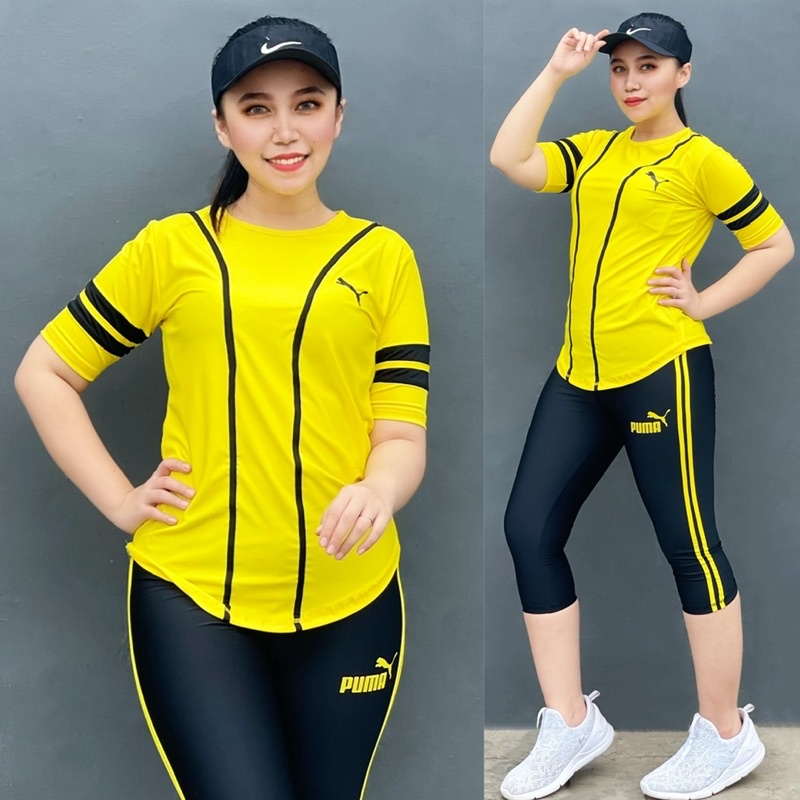 Set Baju Baseball Kuning Hitam Setelan Raglan Olahraga Pendek Stelan Zumba Senam Aerobik Gym Fitness