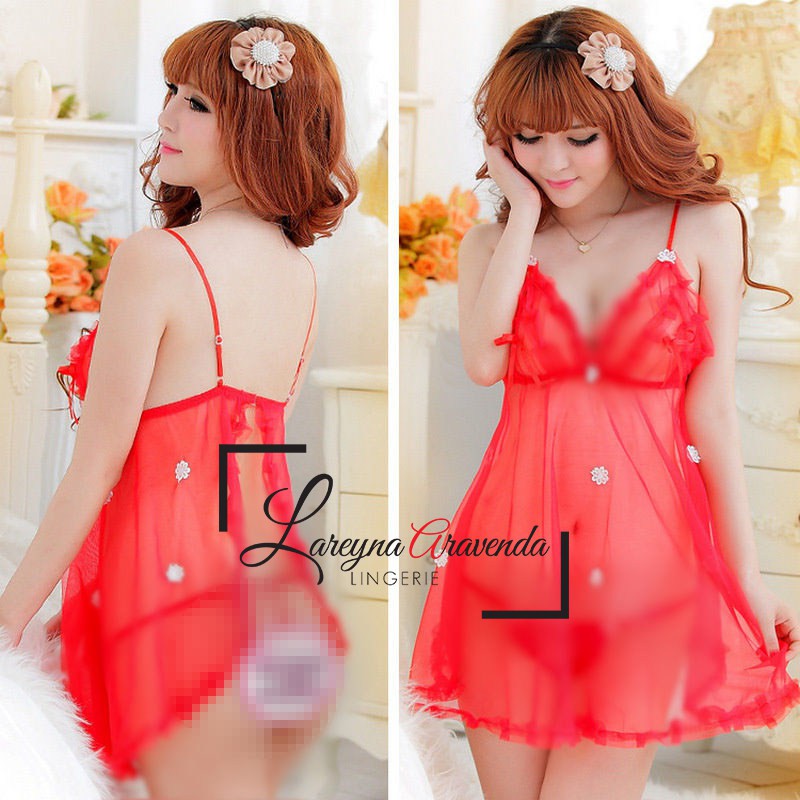 Set Lingerie Sexy + G String Transparan Tanpa Lengan Model Lace Bordir Bunga LG013