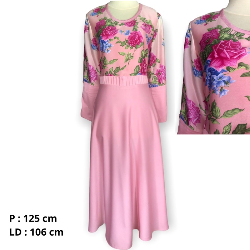 [PRELOVED] Gamis Dress Maxi Motif Bunga-bunga Pink | Gamis Kondangan | Gamis Muslim Motif | Bahan Satin Grade A