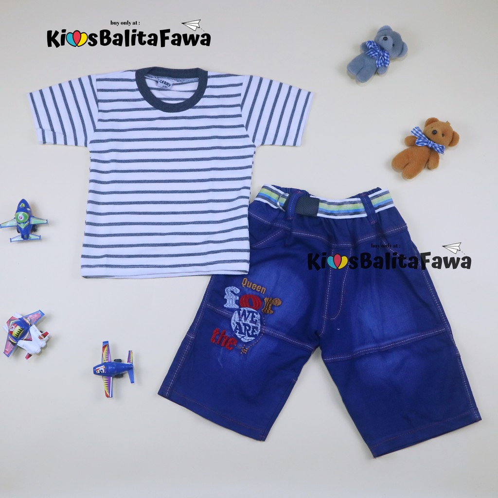 Setelan Salur Jeans uk 3-5 Tahun / Kaos Celana Jeans Anak Cowok Pendek Baju Anak Laki Murah Pakaian