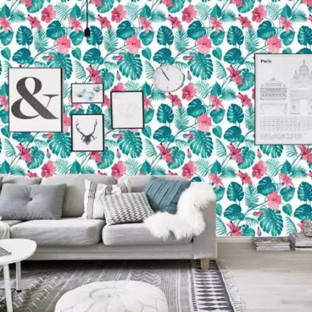 Wallpaper Dinding Motif Daun Keladi Biru Ukuran Panjang 10Meter x Lebar 45CM