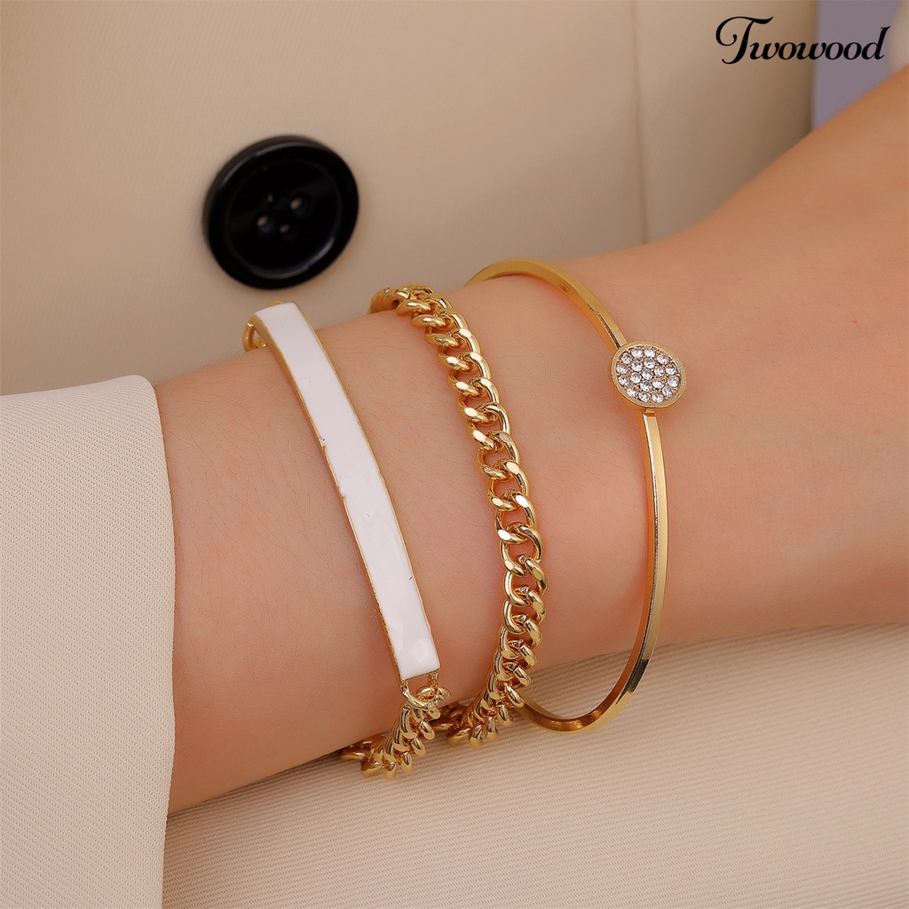 Twowood 3Pcs/Set Cubic Zirconia Opening Women Bracelets Alloy Shiny Adjustable Simple Bangles Jewelry Accessories