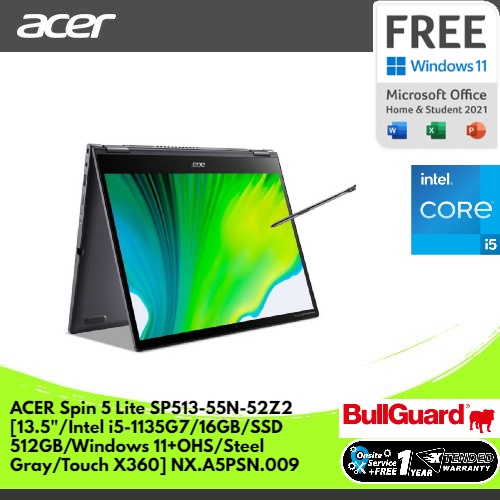 ACER SPIN 5 LITE SP513-55N-52Z2 [13.5"/INTEL I5-1135G7/16GB/SSD 512GB/WINDOWS 11+OHS/STEEL GRAY/TOUC