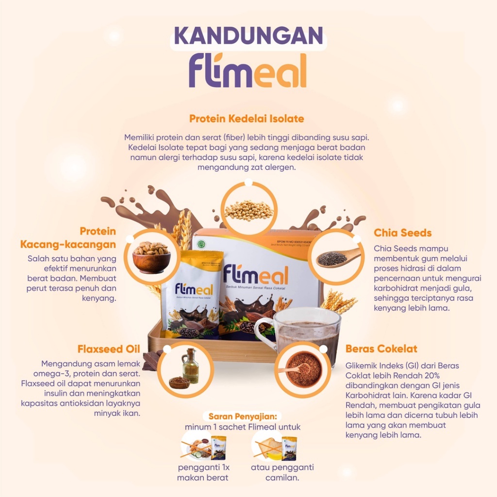 [ BPOM ] Flimeal (Meal Replacement), Minuman Diet Pelangsing Rasa Coklat by Flimty - 1 sachet