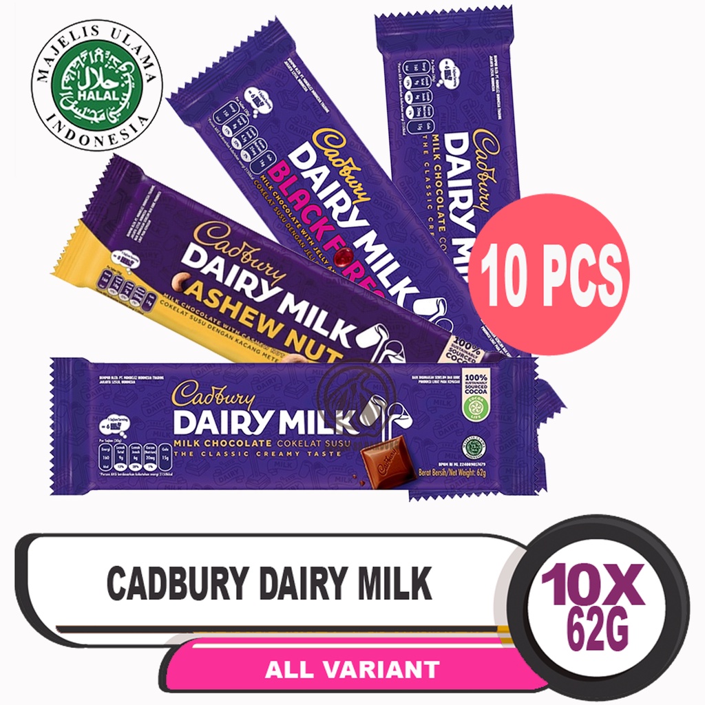 CADBURY DAIRY MILK 62GR/GRAM X 10 PCS - COKLAT CADBURY 62 GR ISI 10 PC MILK COKELAT, CASHEW NUT, FRU