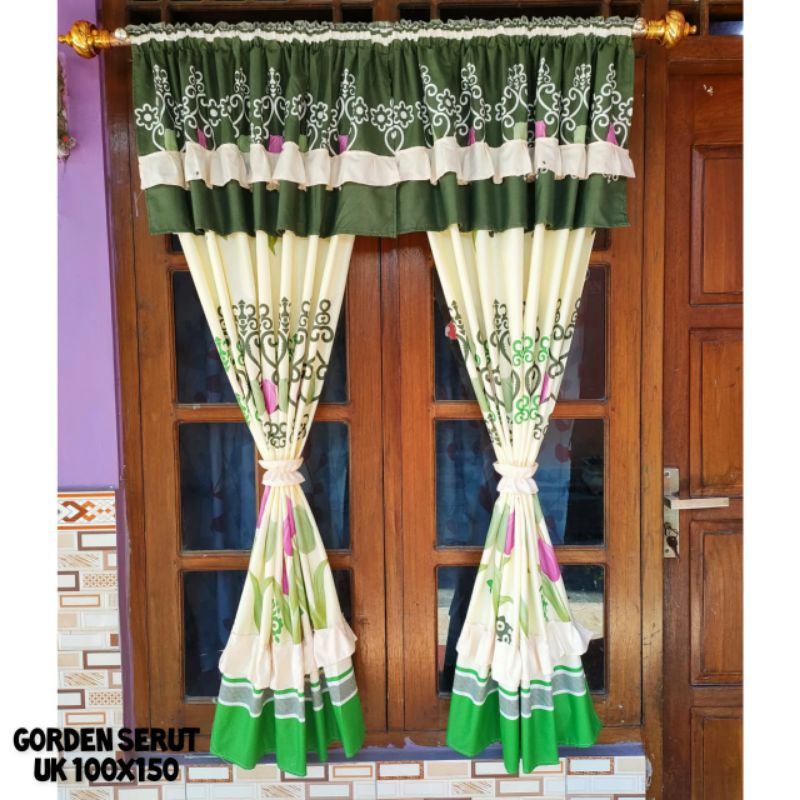 Gorden Serut Jendela Murah Motif Bunga batik hijau