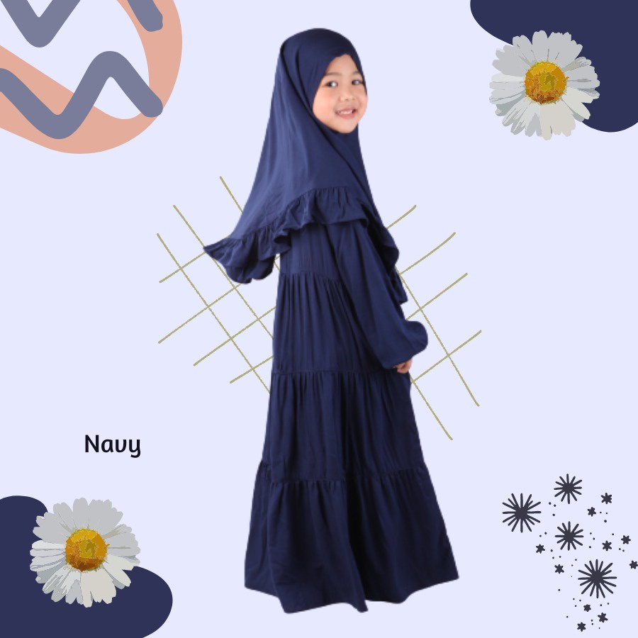 Set Gamis Rayya Ruffle Anak Usia 1 2 Tahun Bahan Premium Polos Navy