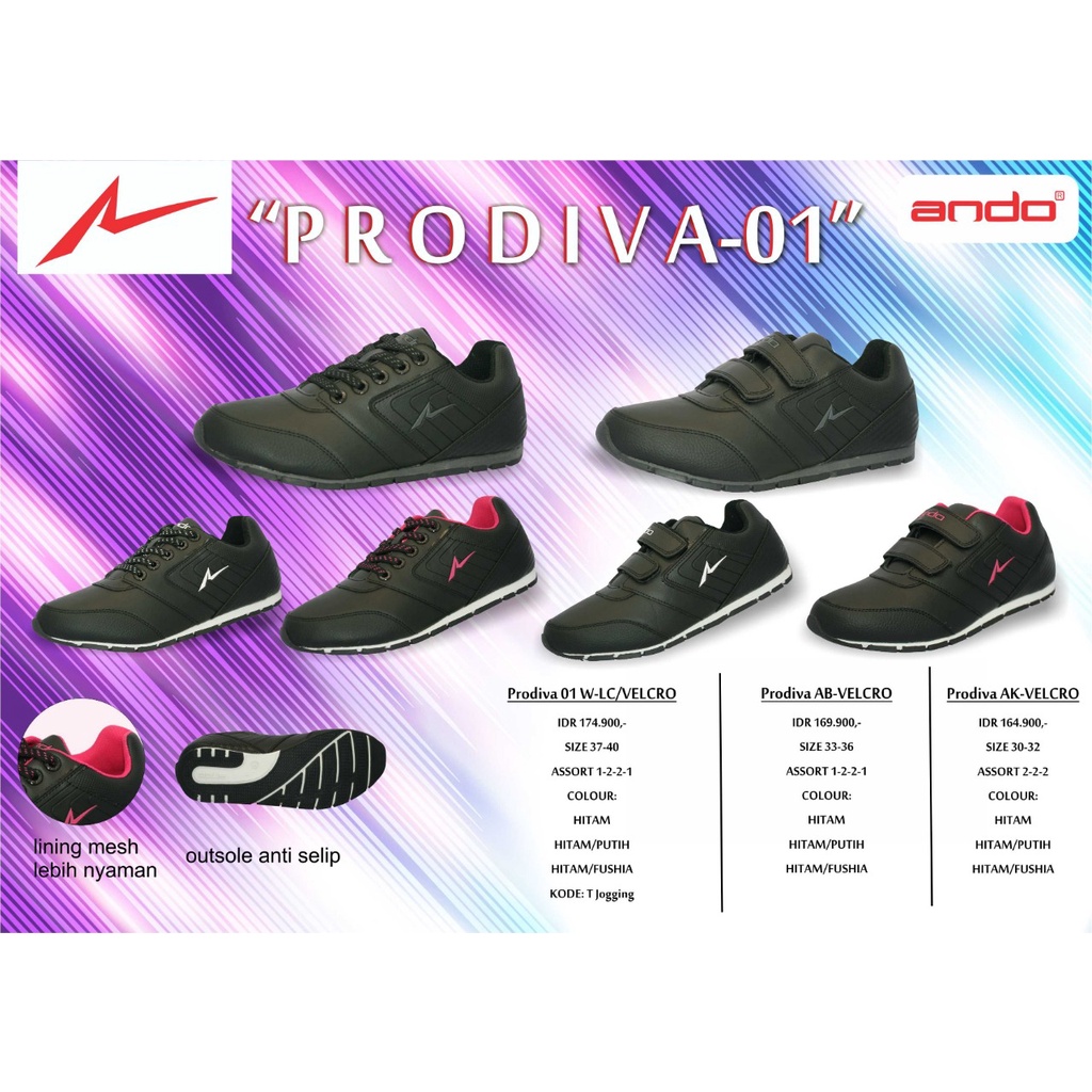 SEPATU ANDO ORIGINAL PRODIVA JUNIOR V-KOOL &amp; 3M VELCRO Hitam Putih Ringan Kuat Sneakers Sekolah SD SMP SMA