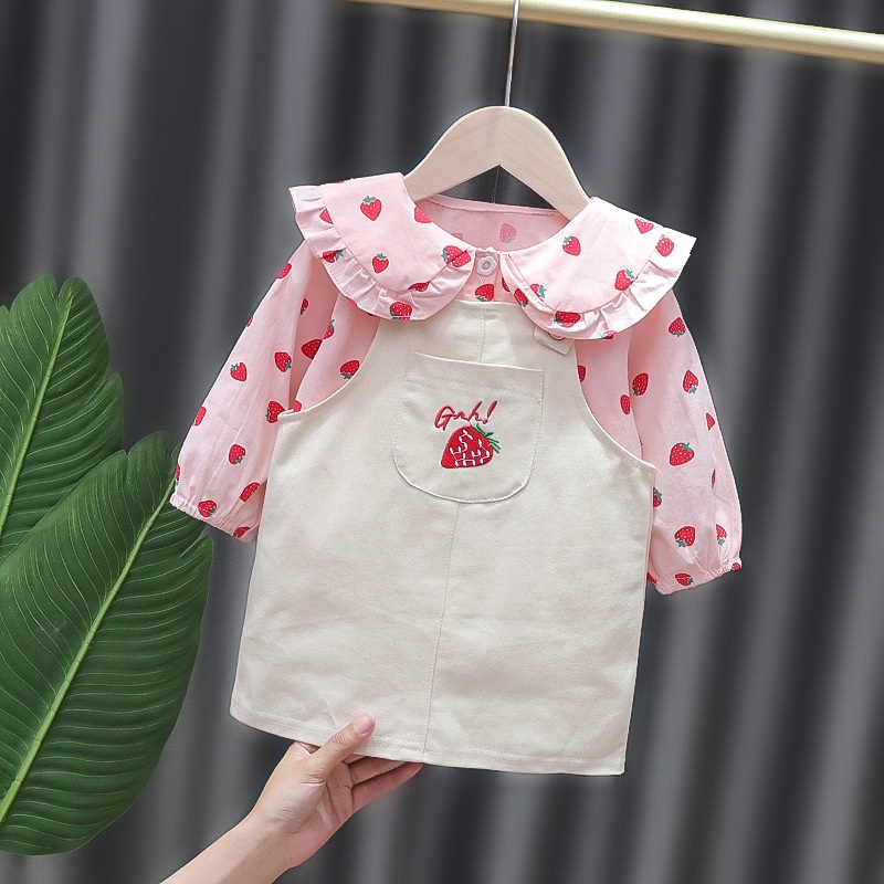 【Happy Baby】0-4Tahun QZ-12 Dress Anak Perempuan Motif Strawberry Lengan Panjang Bertali Fashion Anak