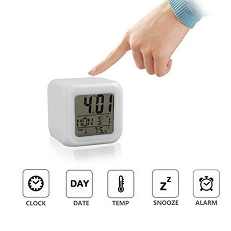 ღ 7 Warna Perubahan Led Jam Alarm Digital dengan Tanggal Alarm Thermometer Portable Jam Alarm Thermometer Malam Bersinar Rumah Kamar Tidur dekorasi