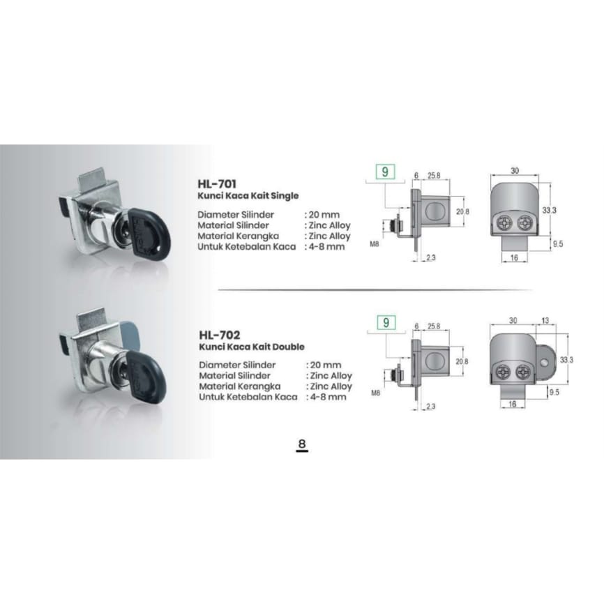 Kunci Pintu Lemari Kaca Huben HL 701 702 Single Double BUKAN Digao