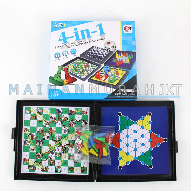 MAINANKEI ANAK SET PAPAN CATUR MINI MAGNET 4-IN-1 0836A-15 SET LUDO ULAR TANGGA