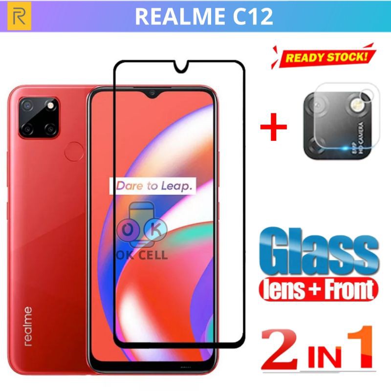 2in1 - TG Anti Gores Full Layar Kamera Realme C12 - Tempered Glass Screen Protector Premium