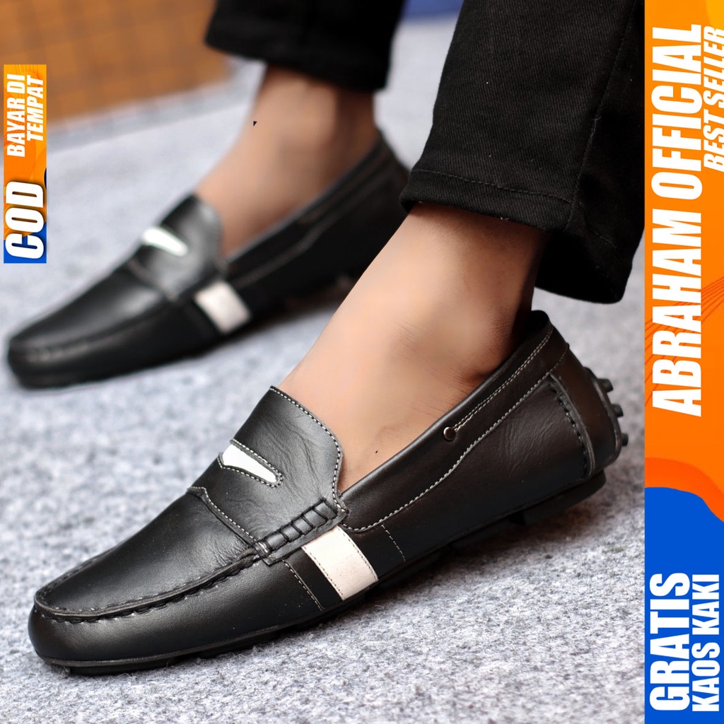 Sepatu Casual Pria Slip On Slop Selop Pansus Santai Kulit Asli Kerja Kantor Kulit Kondangan Hitam Polos Fashion shoes Terbaru Original Murah Kekinian Cowok VELAS ABRAHAM