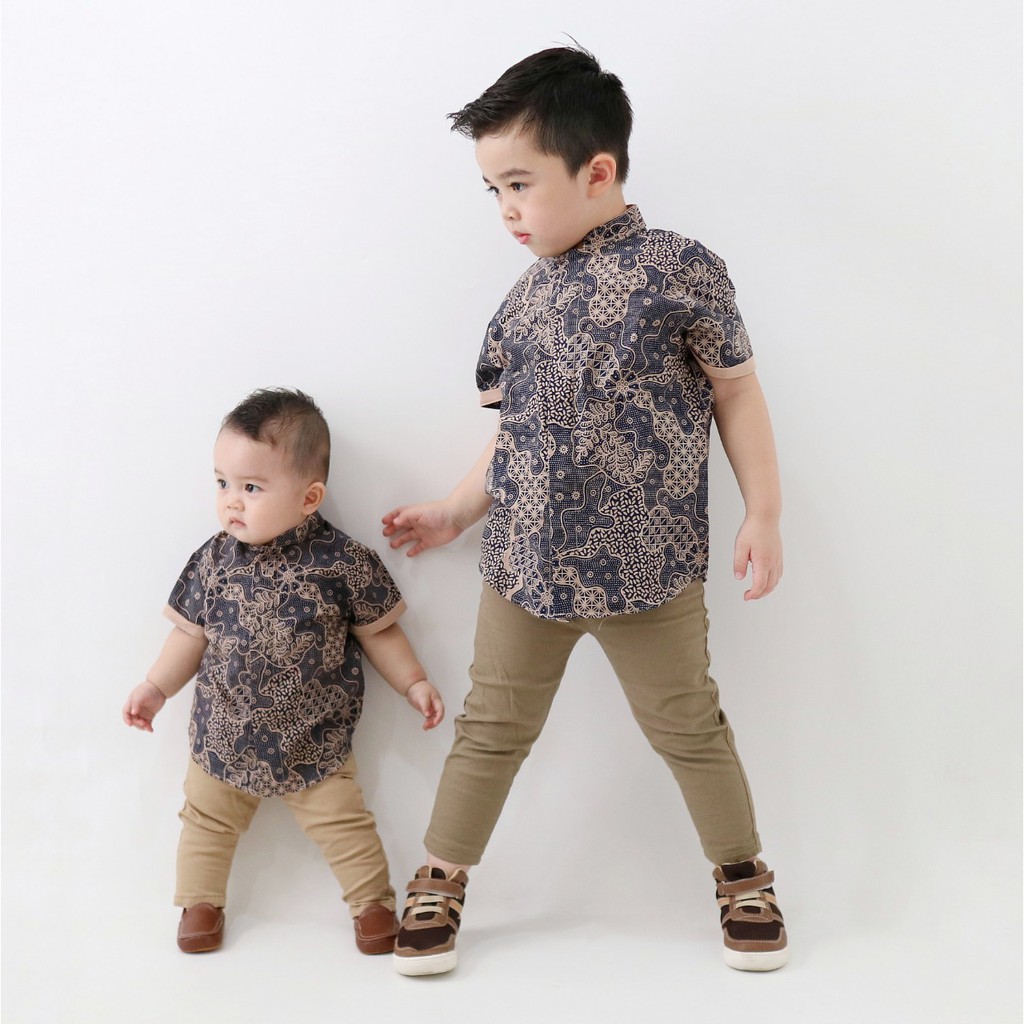 Open Preorder Kemeja Batik Couple Anak &amp; Ayah Panjang / Pendek, Navy LM1012