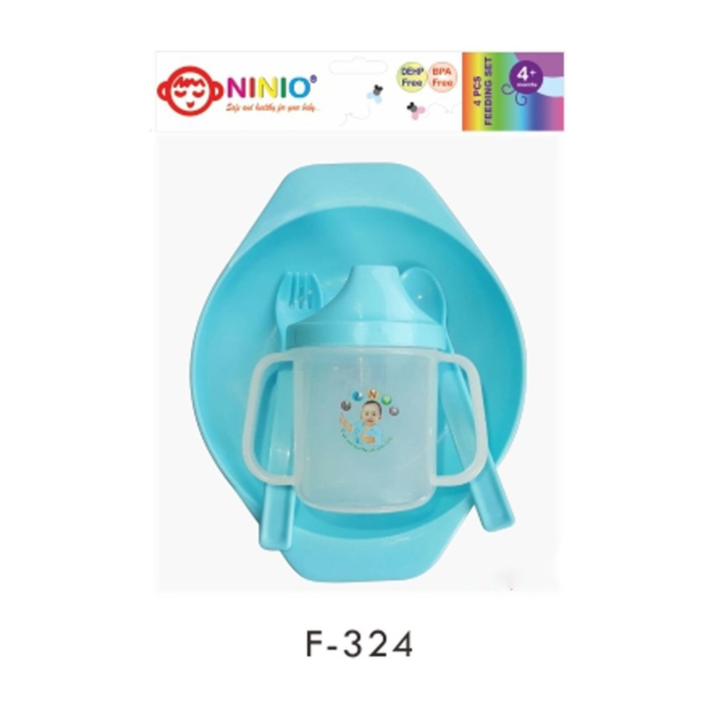 Ninio Baby Feeding Set With Training Cup 4in1 - Set Alat Makan Bayi Isi 4pcs F324