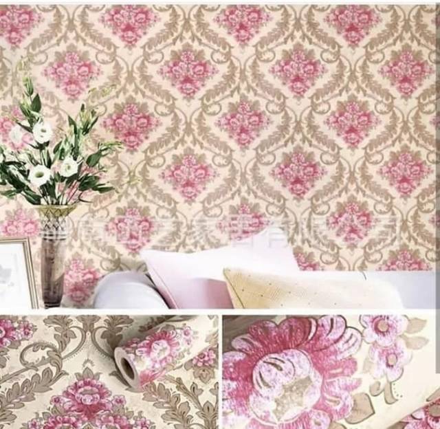 Wallpaper stiker dinding motif batik rose pink