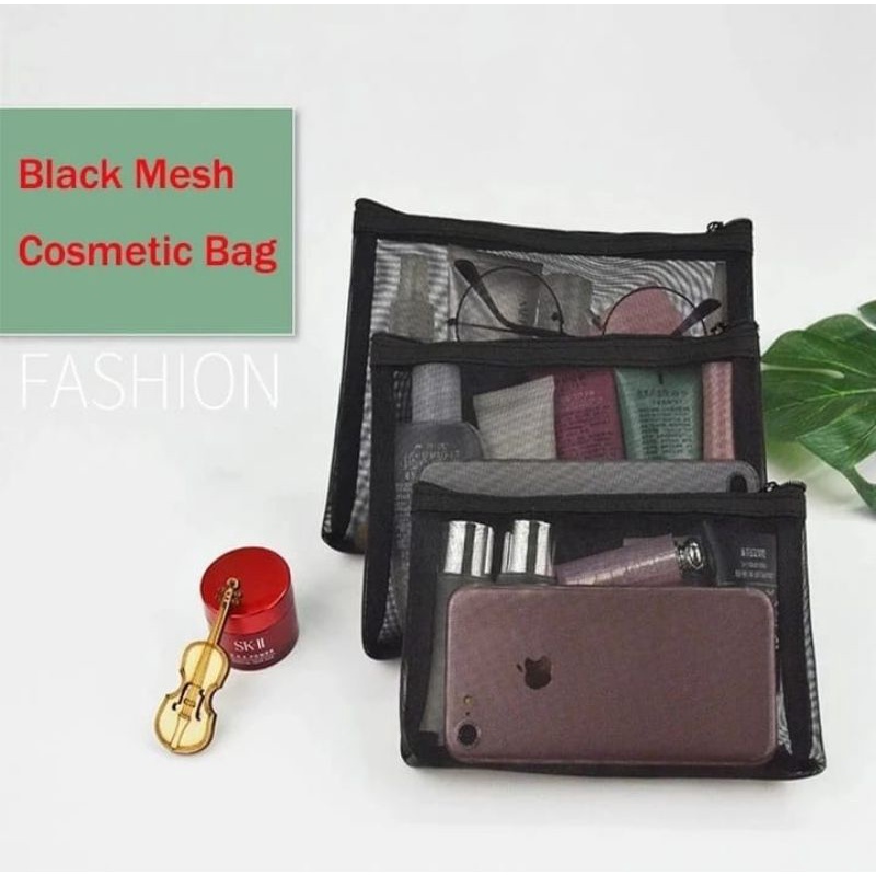 Tas Kosmetik Jala Hitam Transparan KantongPenyimpanan Tas Perlengkapan Mandi Organizer Portabel Travel Ritsleting Tas Makeup Kosmetik Organizer