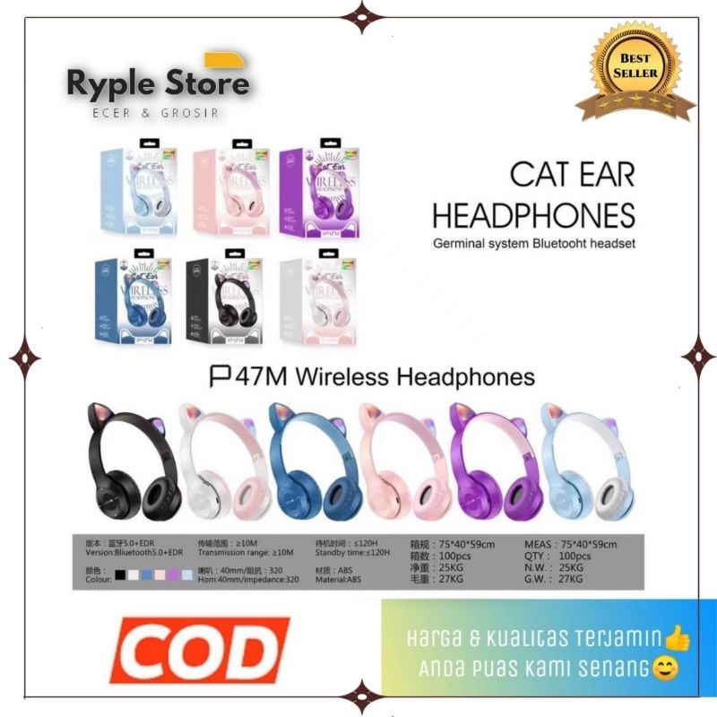 Headset Bluetooth Wireless Cat Ear LED Earphone P47 P47M
