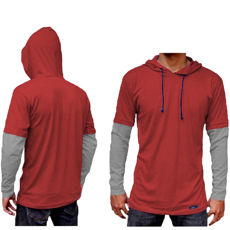 KAOS POLOS HOODIE DOUBLE LAYER LENGAN PANJANG/size m,l,xl /pria/wanita/terlaris /termurah/terbaru/bandung-maroon+misty
